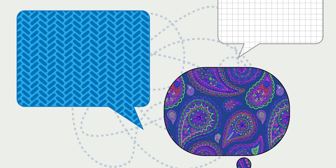An illustration of two speech bubbles and one thought bubble with patterns representing different points of view