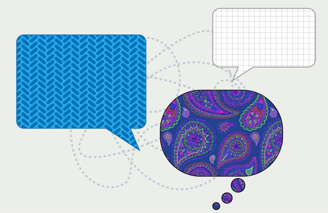 An illustration of two speech bubbles and one thought bubble with patterns representing different points of view